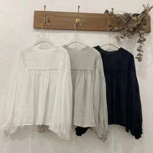Lace Ramie Blouse: Tuck Pleated Bishop Sleeve Top