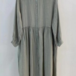 linen dress with lace, pleated embroidery, oversized one pieces,  long sleeves, with pocket