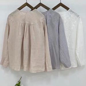 Embroidered Linen Blouse: Ruffle Trim Long Sleeve Top