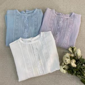 Ramie Blouse: Blue & White Lace Rose Embroidery, Short Sleeve Top