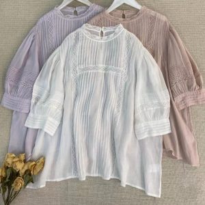 Handmade Ramie Lace Blouse: Vintage Style Short Sleeve Top