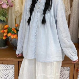 Ruffled Linen Blouse: Long Sleeve Flax Shirt - Autumn Spring