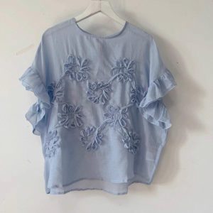 ramie blouse for women, 3D floral top, loose fit, ruffle sleeve