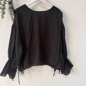 linen blouse women, tie back top, adjustable waist shirt, japanese style